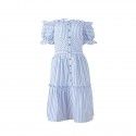 One line collar wood ear dress Europe and the United States 2020 summer blue and white stripe short sleeve sexy leaky back holiday skirt mid skirt 