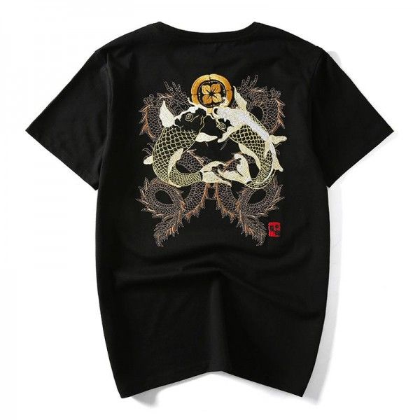 Summer new fashion brand Chinese style carp embroidery national large round neck men's short sleeve T-shirt one piece of pure cotton 