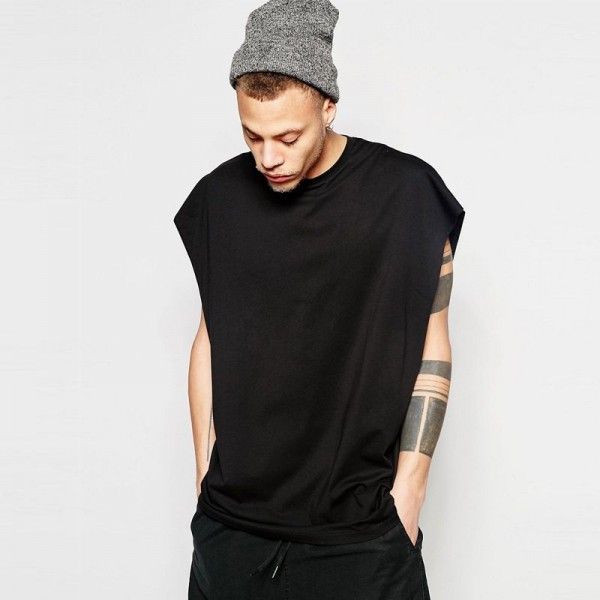 Men's Europe and America off shoulder loose sports T-shirt high street trend sleeveless hip hop solid color top round neck personalized men's wear 