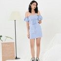 Blue check 2020 French one neck off shoulder dress summer new style fresh temperament lace up waist skirt 