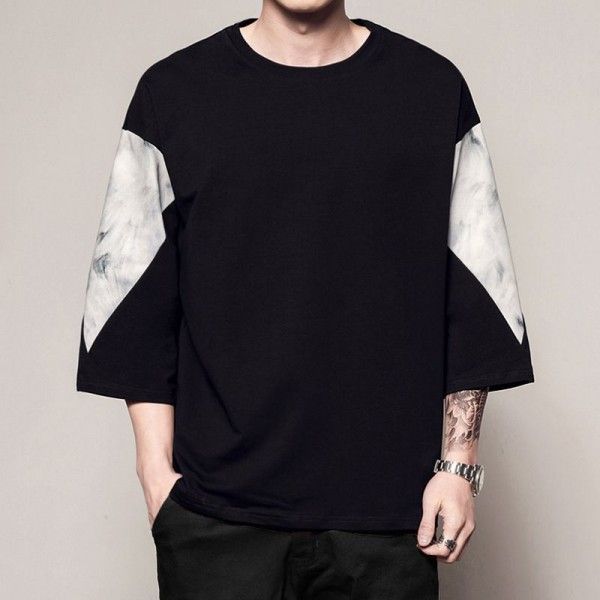 2020 summer new men's Japanese original loose fit 9 / 3 sleeve T-shirt fashion splicing large 5-crew neck top 