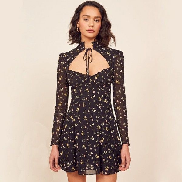 2020 autumn women's new European and American nightclub French retro Chiffon floral cut out Sexy Long Sleeve Dress 
