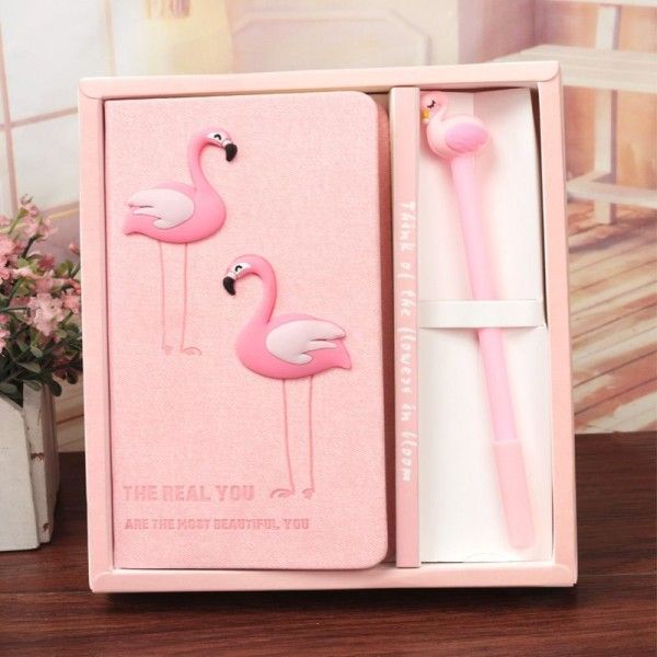 New pink girl heart notebook with pen set cute cartoon Flamingo student Notepad office notebook 