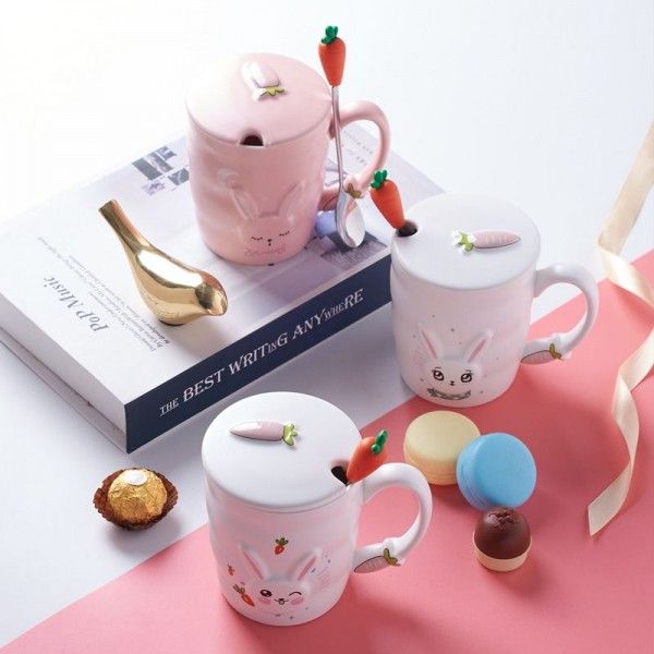 New cartoon rabbit cup ceramic cup female lovely Mug office coffee cup with cover and spoon gift 