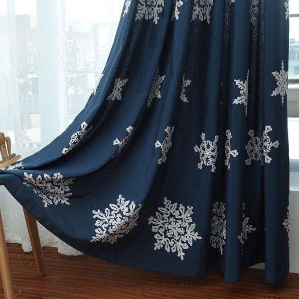 American style cotton linen embroidered curtain cloth blue Beige finished curtain cloth spot wholesale 