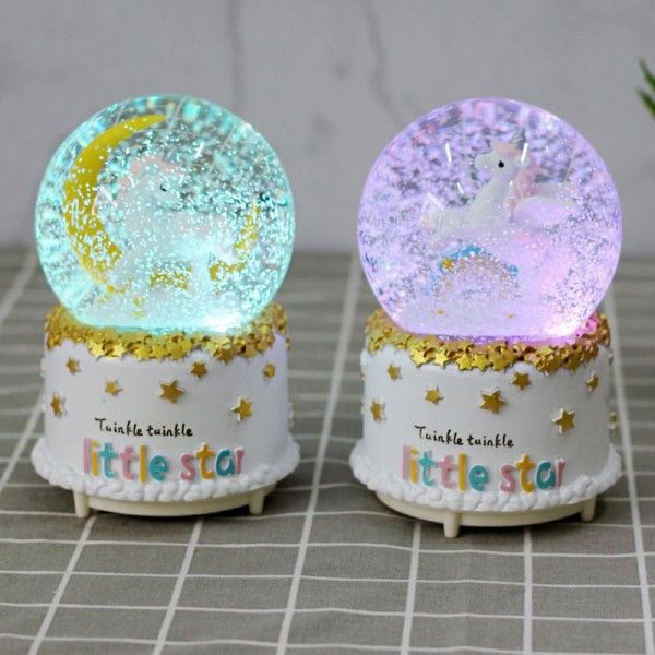 Creative student home furnishings Moon Magic white horse crystal ball rotating snow water polo music box with light 